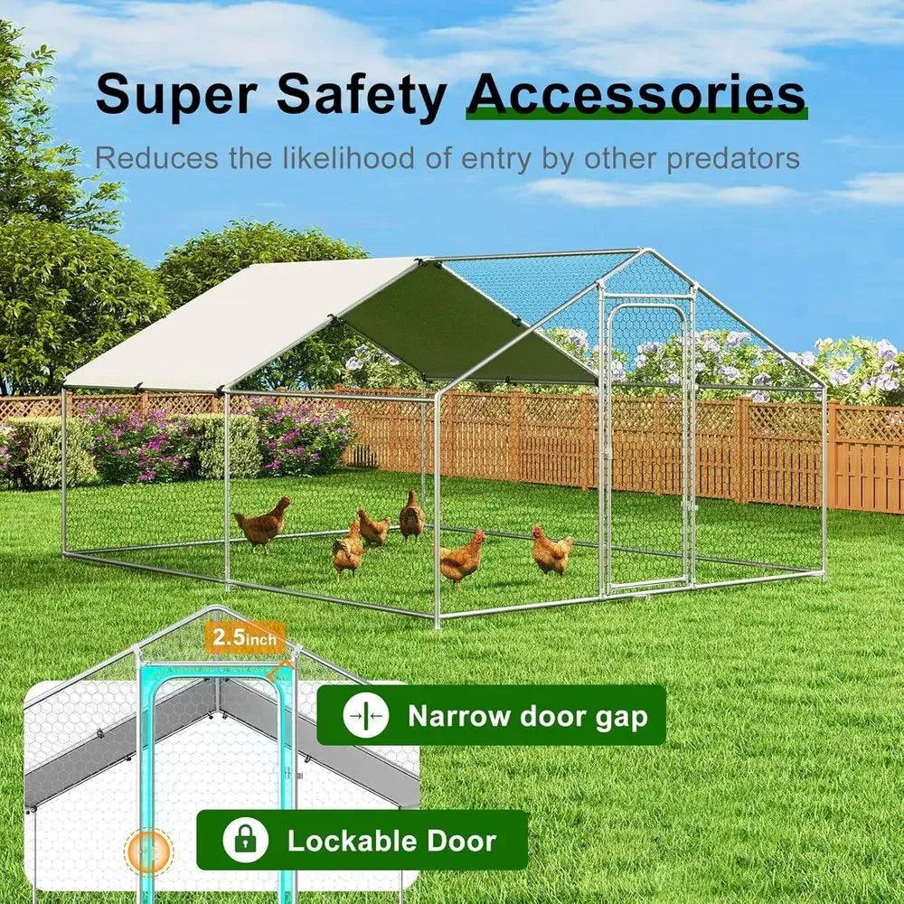 Spacious Walk-in Chicken Coop with Metal Hen Run and Waterproof Cover - 10ft Wide x 13.2ft Long x 6.4ft High