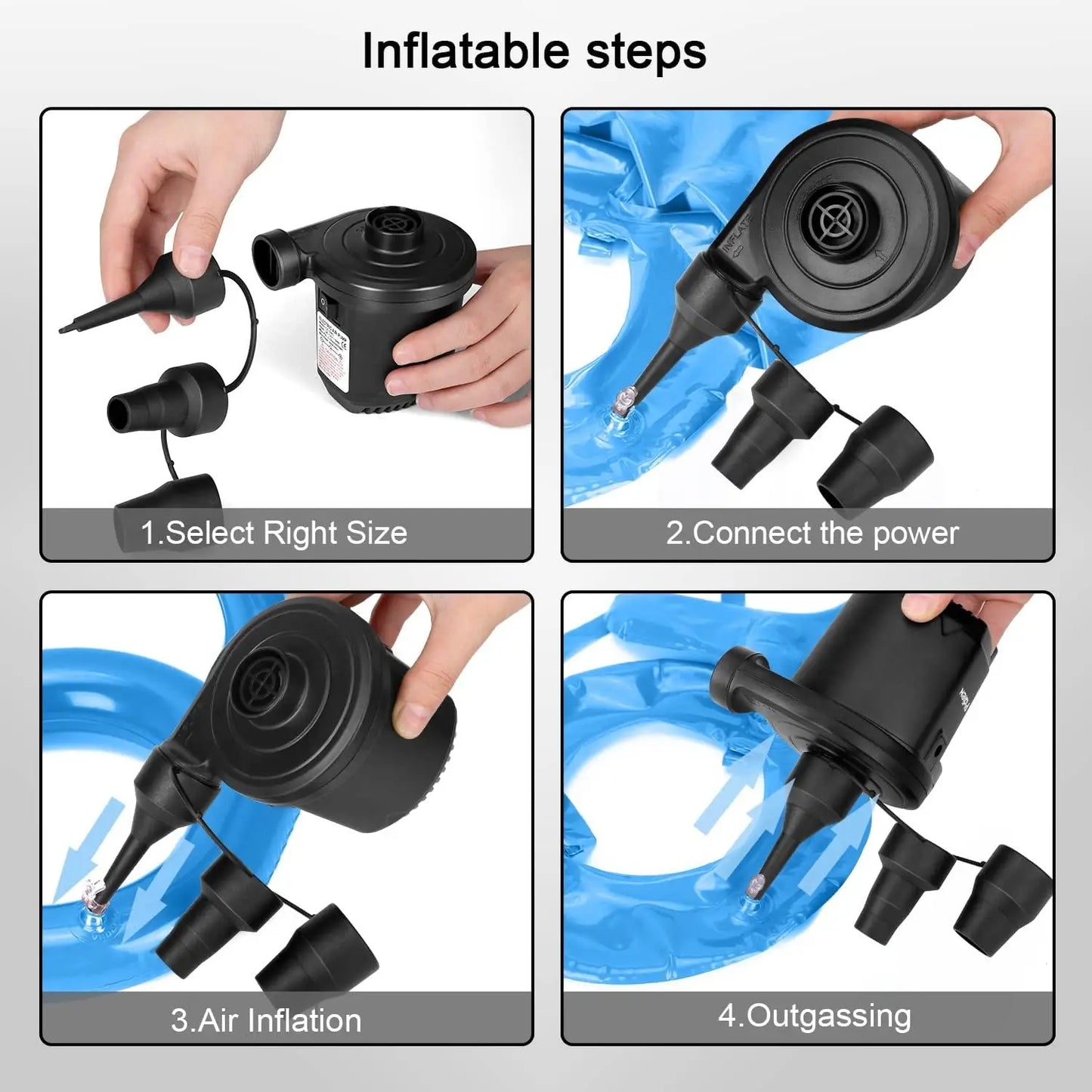 Portable Electric Air Pump with 3 Nozzles for Inflatables, Camping, Pool Floats - 12V/110V