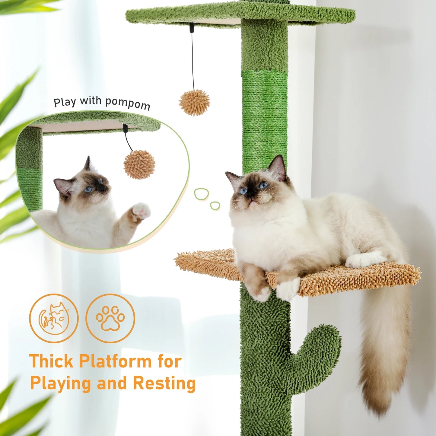 Cat Tree 5-Tier Floor to Ceiling Cat Tower Hammock Dangling Ball for Indoor Cats