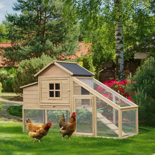 Natural Wooden Chicken Coop with Removable Tray, Ventilated Windows, and Nesting Box for Hens