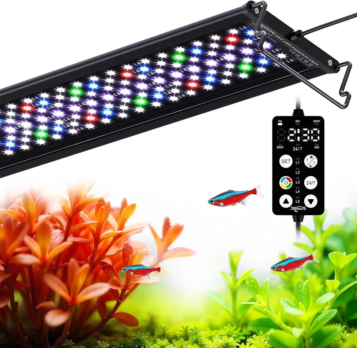 LED Aquarium Plant Light with Custom Timer, Power-Off Memory, Full Spectrum for Freshwater Tanks, Adjustable Mount