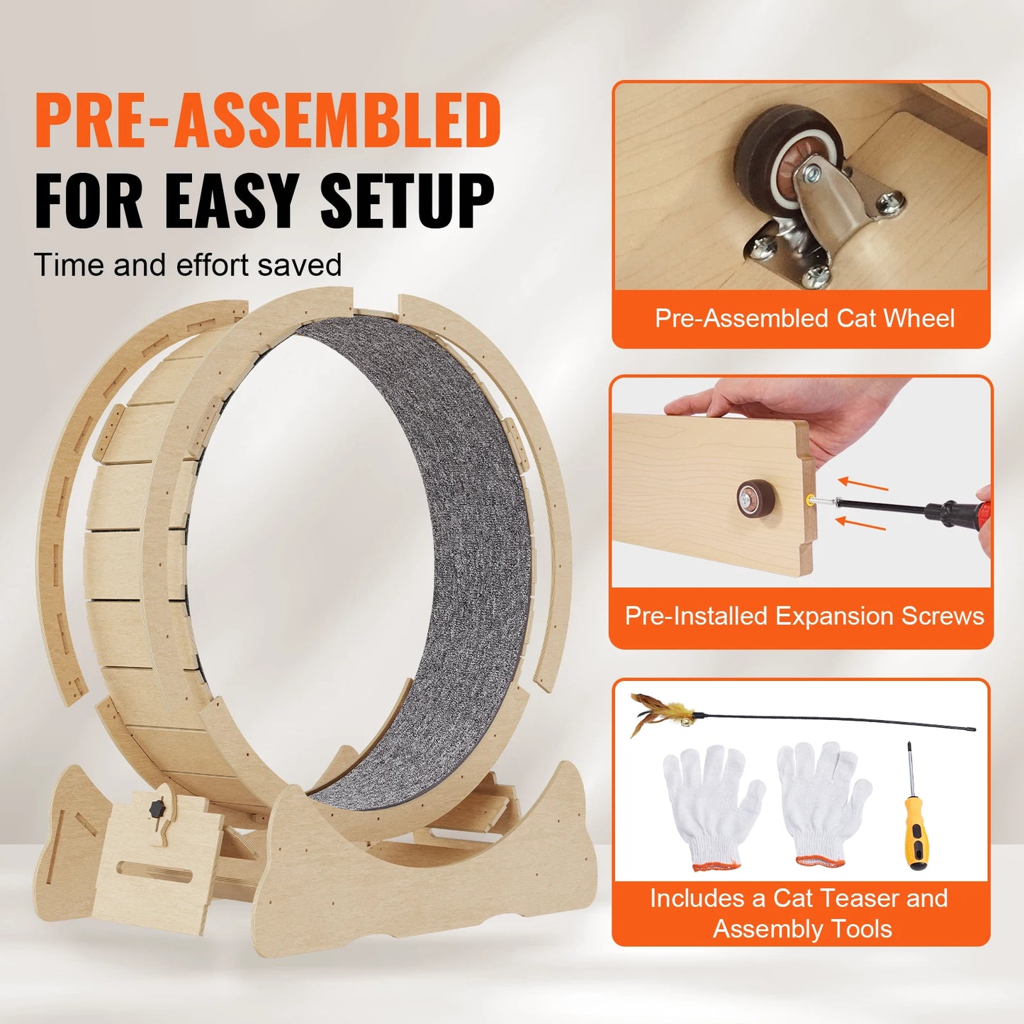 SucceBuy Wooden Large Cat Treadmill Wheel  Detachable Carpet& Cat Teaser