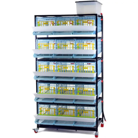 5-Tier Indoor Quail Cage, Stackable, Easy Clean, Rust-Free, Washable Plastic, Removable Dividers, Roll-Out Egg Trays