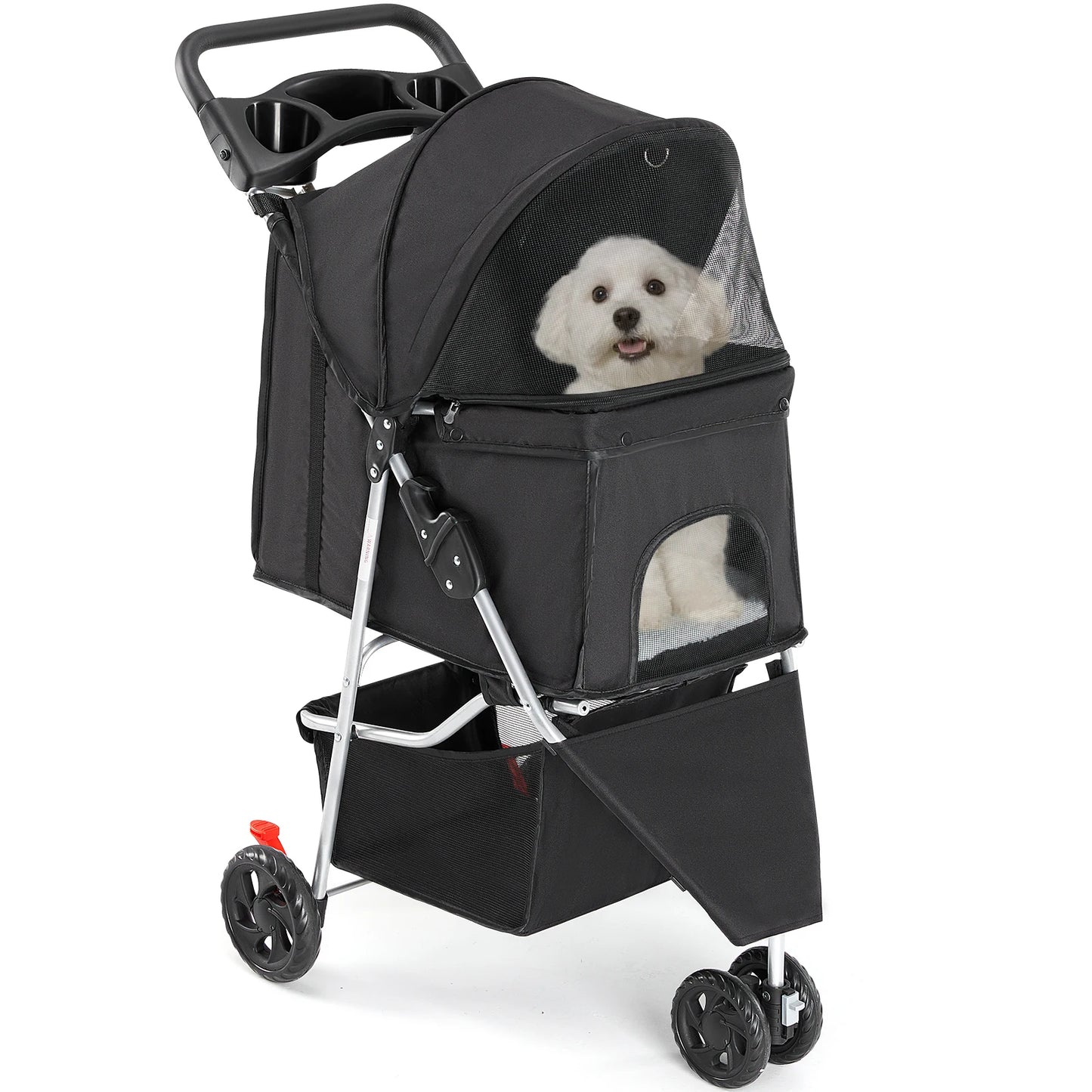 JHK 3 Wheels Foldable Pet Stroller for Small Dogs and Cats Mesh Windows Storage Basket Cup Holder for Outdoor Use