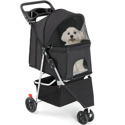 JHK 3 Wheels Foldable Pet Stroller for Small Dogs and Cats Mesh Windows Storage Basket Cup Holder for Outdoor Use