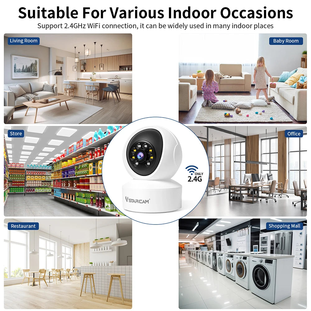 Indoor Security Camera for Home 360° Coverage Color Night Vision 2-Way Audio Motion Detection Customize Zone