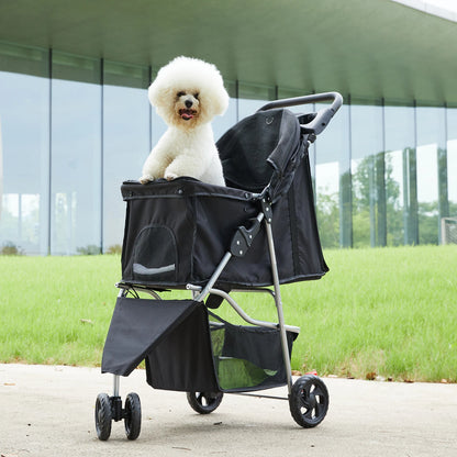 JHK 3 Wheels Foldable Pet Stroller for Small Dogs and Cats Mesh Windows Storage Basket Cup Holder for Outdoor Use