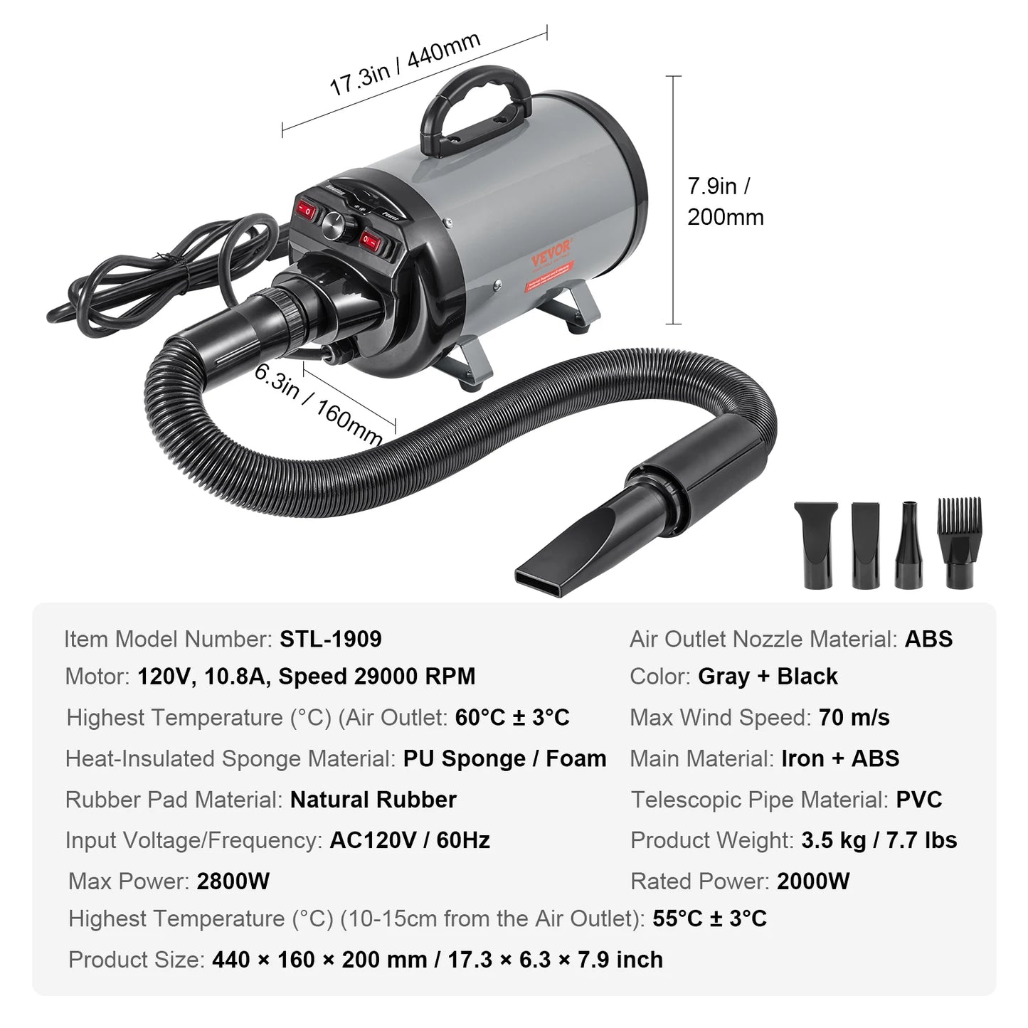 2000W/2.7HP Dog Blow Dryer Adjustable Speed Temperature Control with 4 Nozzle and Extendable Hose