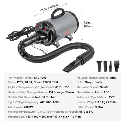 2000W/2.7HP Dog Blow Dryer Adjustable Speed Temperature Control with 4 Nozzle and Extendable Hose