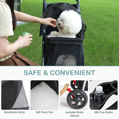 JHK 3 Wheels Foldable Pet Stroller for Small Dogs and Cats Mesh Windows Storage Basket Cup Holder for Outdoor Use