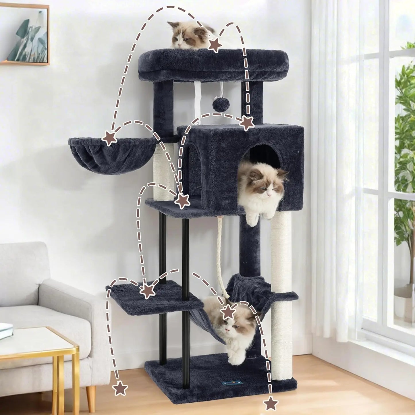 43.3 Inch Cat Tree, Steel Tube, Hammock, Condo, Scratching Post in Smoky Gray