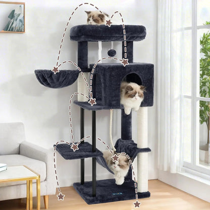43.3 Inch Cat Tree, Steel Tube, Hammock, Condo, Scratching Post in Smoky Gray