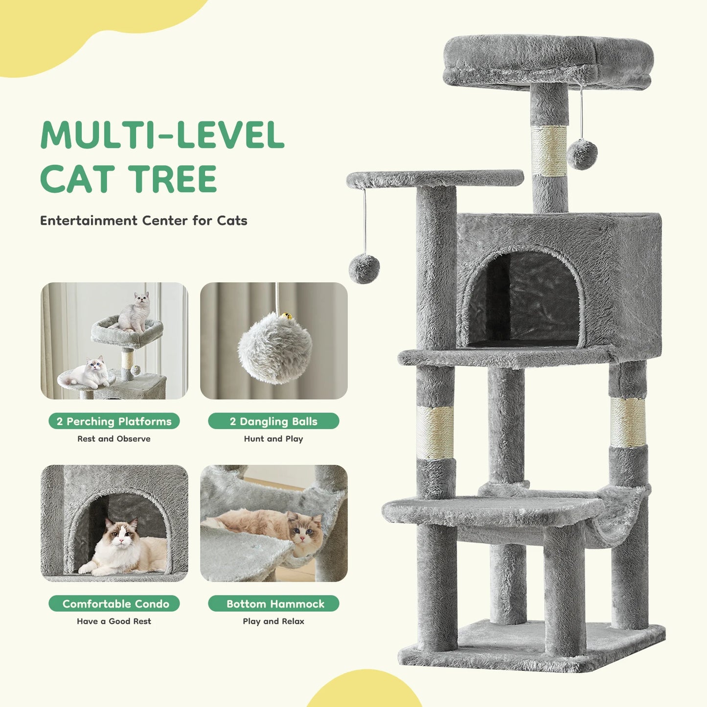JHK 44In Cat Tree Tall Multi-Cat Climbing Tower Natural Sisal Scratching
