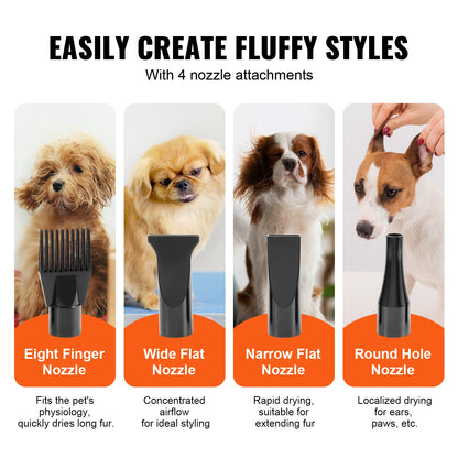 2000W/2.7HP Dog Blow Dryer Adjustable Speed Temperature Control with 4 Nozzle and Extendable Hose