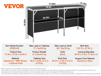 Folding Portable Bar Table Include Carrying Case Storage Shelf Skirt