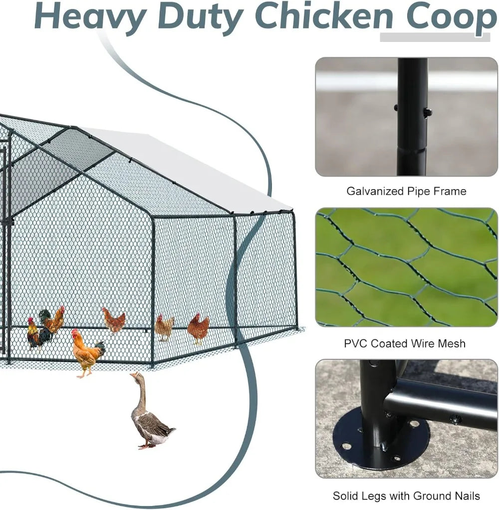 Chicken Coop, 13.1x9.8x6.5 ft Poultry Cage for Chicken Run, Metal Walk-in Chicken Pen with Waterproof & Anti-UV Cover Outdoor