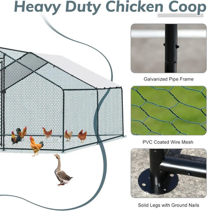 Chicken Coop, 13.1x9.8x6.5 ft Poultry Cage for Chicken Run, Metal Walk-in Chicken Pen with Waterproof & Anti-UV Cover Outdoor
