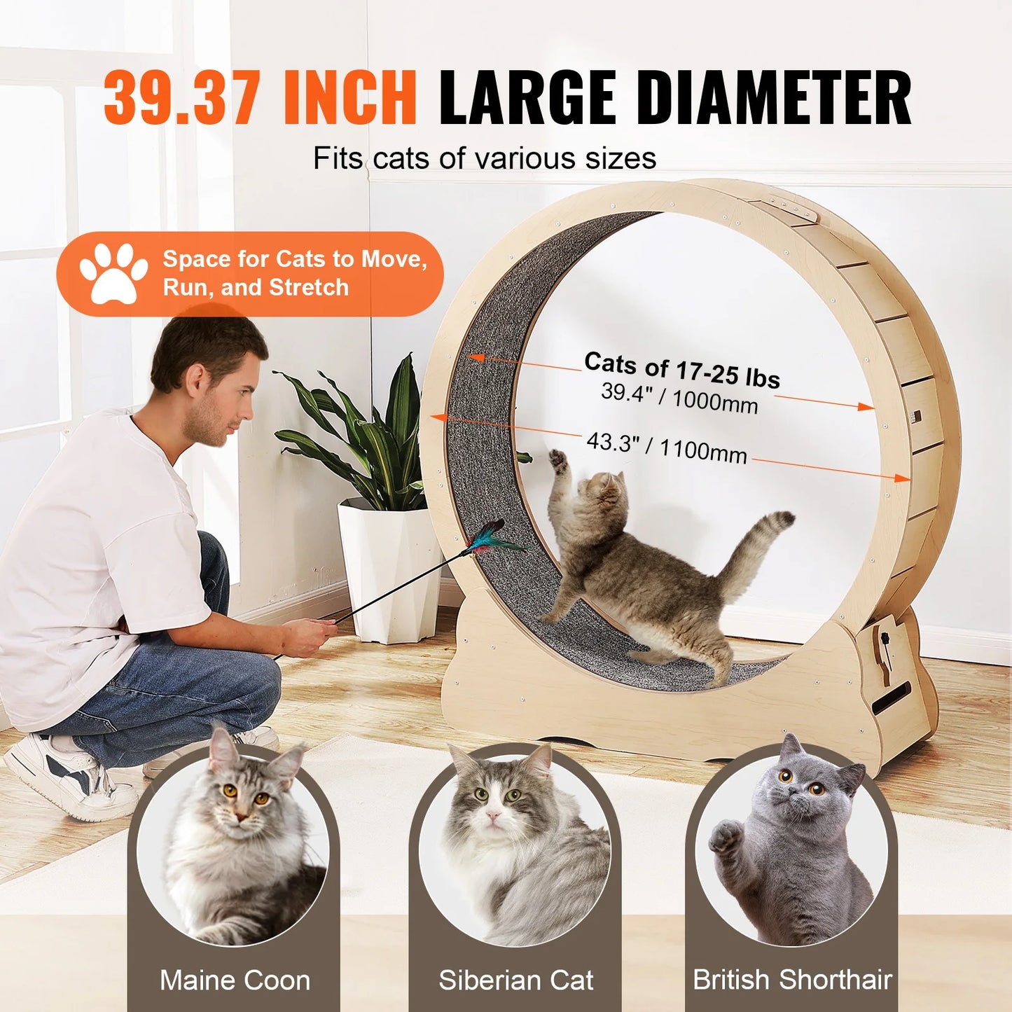 SucceBuy Wooden Large Cat Treadmill Wheel  Detachable Carpet& Cat Teaser