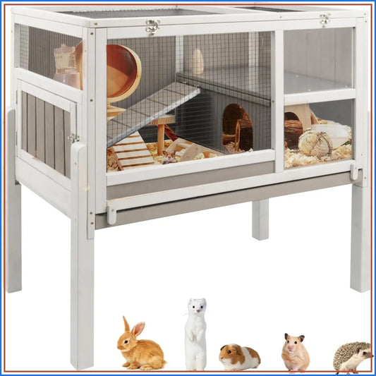Wooden Guinea Pig Cage 2-Story with Stand, Leak-Proof Tray, Ramp & Hideout for Small Pets