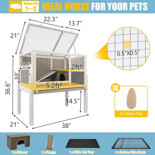 Wooden Guinea Pig Cage 2-Story with Stand, Leak-Proof Tray, Ramp & Hideout for Small Pets