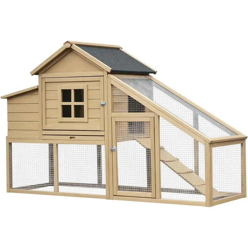 Natural Wooden Chicken Coop with Removable Tray, Ventilated Windows, and Nesting Box for Hens