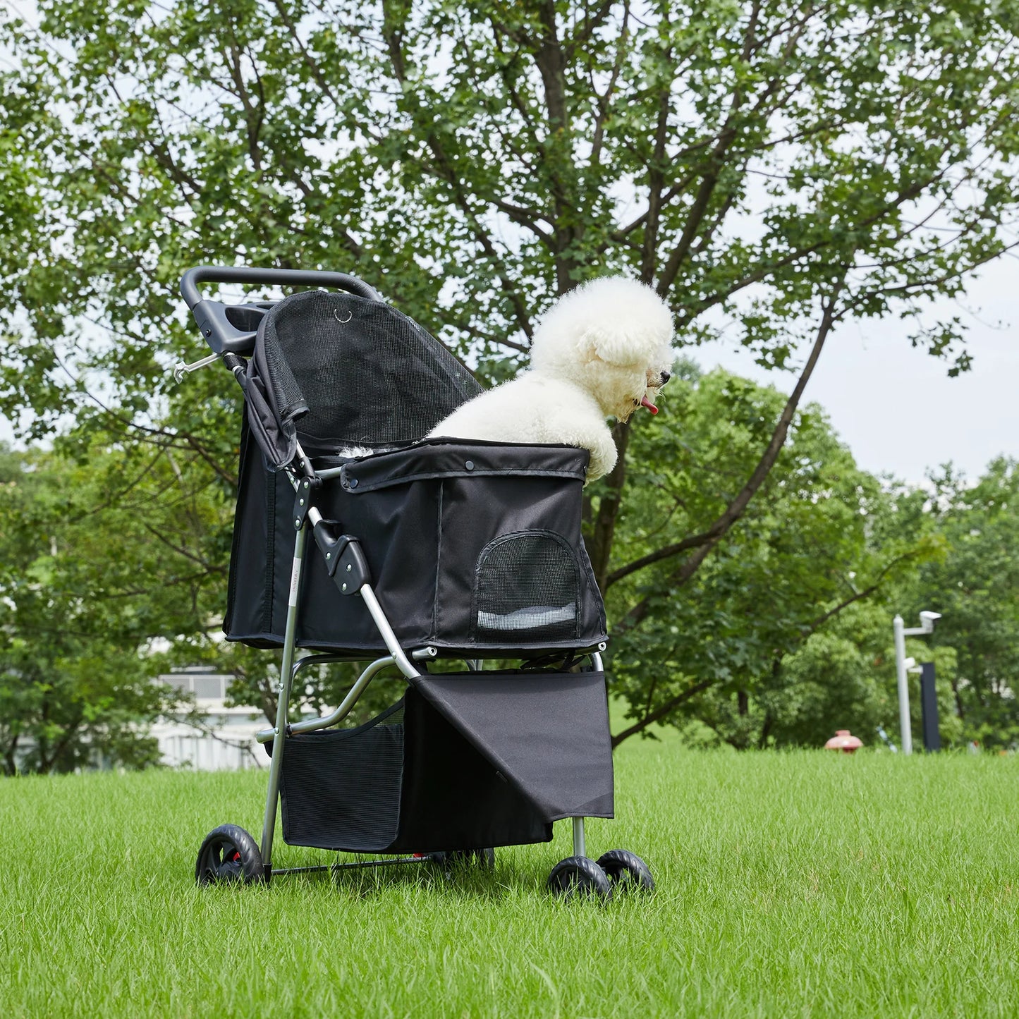 JHK 3 Wheels Foldable Pet Stroller for Small Dogs and Cats Mesh Windows Storage Basket Cup Holder for Outdoor Use