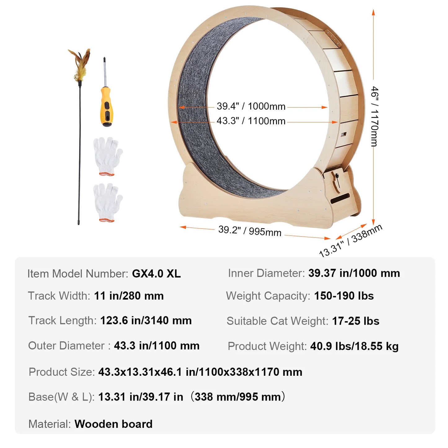 SucceBuy Wooden Large Cat Treadmill Wheel  Detachable Carpet& Cat Teaser