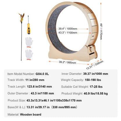 SucceBuy Wooden Large Cat Treadmill Wheel  Detachable Carpet& Cat Teaser