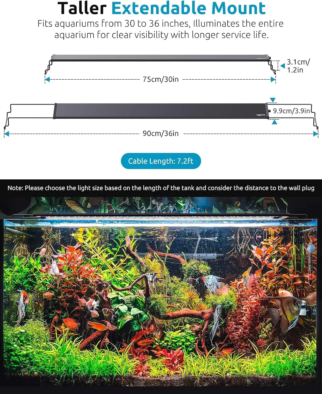 LED Aquarium Plant Light with Custom Timer, Power-Off Memory, Full Spectrum for Freshwater Tanks, Adjustable Mount