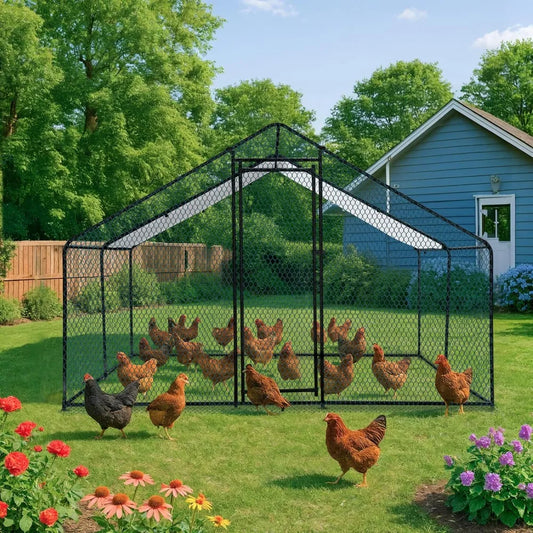 Chicken Coop, 13.1x9.8x6.5 ft Poultry Cage for Chicken Run, Metal Walk-in Chicken Pen with Waterproof & Anti-UV Cover Outdoor