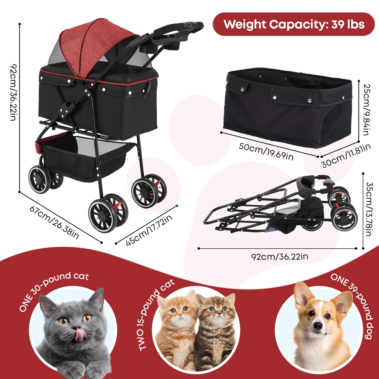 Pet Stroller For Small Medium Cats & Dogs Mesh Canopy Pet Travel Carrier Suitable Outdoor Travel