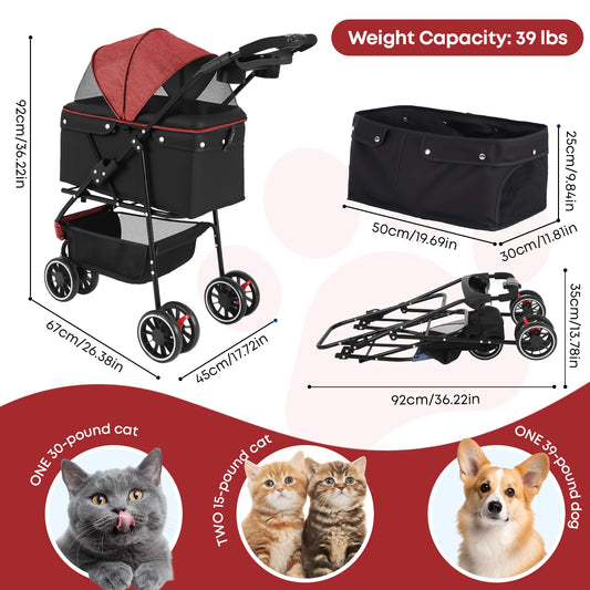 Pet Stroller For Small Medium Cats & Dogs Mesh Canopy Pet Travel Carrier Suitable Outdoor Travel
