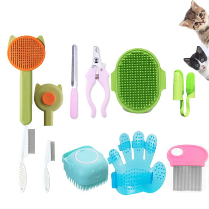 10PCS Pet Grooming Kit: Self-Cleaning Brush, Massage Glove, Nail Clipper & Flea Comb for Cats & Dogs