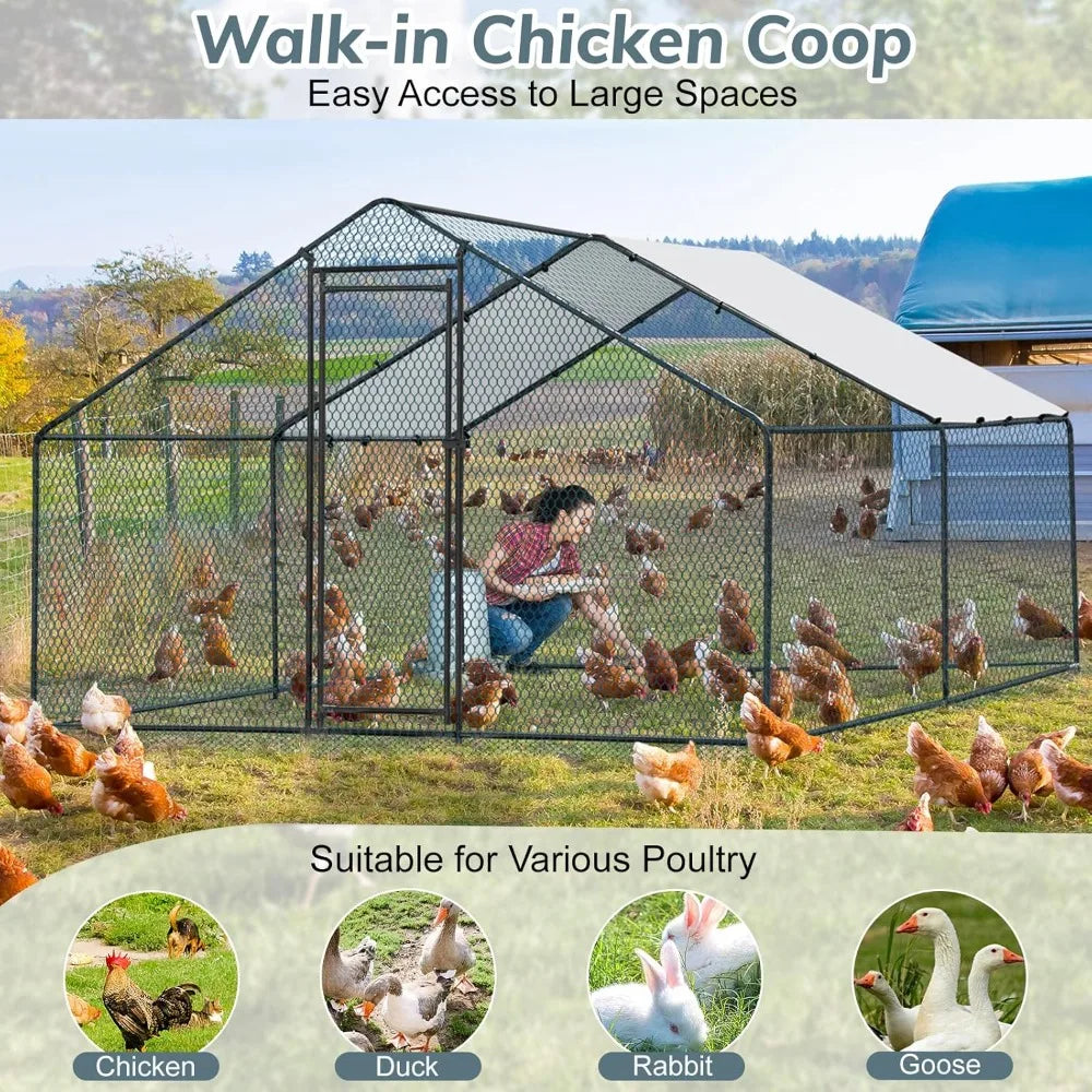 Chicken Coop, 13.1x9.8x6.5 ft Poultry Cage for Chicken Run, Metal Walk-in Chicken Pen with Waterproof & Anti-UV Cover Outdoor