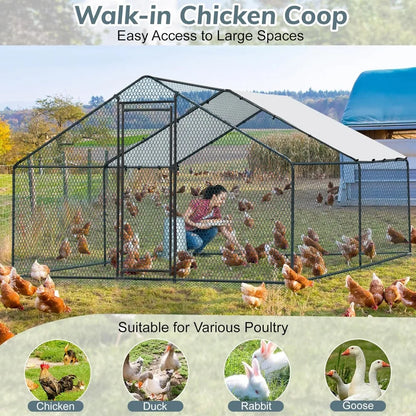 Chicken Coop, 13.1x9.8x6.5 ft Poultry Cage for Chicken Run, Metal Walk-in Chicken Pen with Waterproof & Anti-UV Cover Outdoor