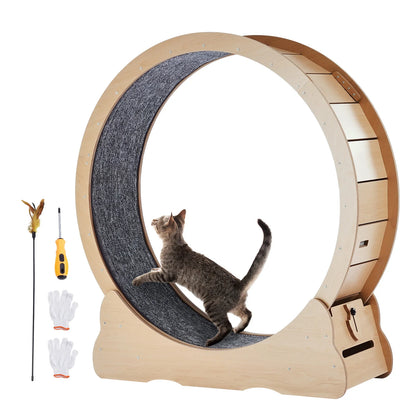 SucceBuy Wooden Large Cat Treadmill Wheel  Detachable Carpet& Cat Teaser
