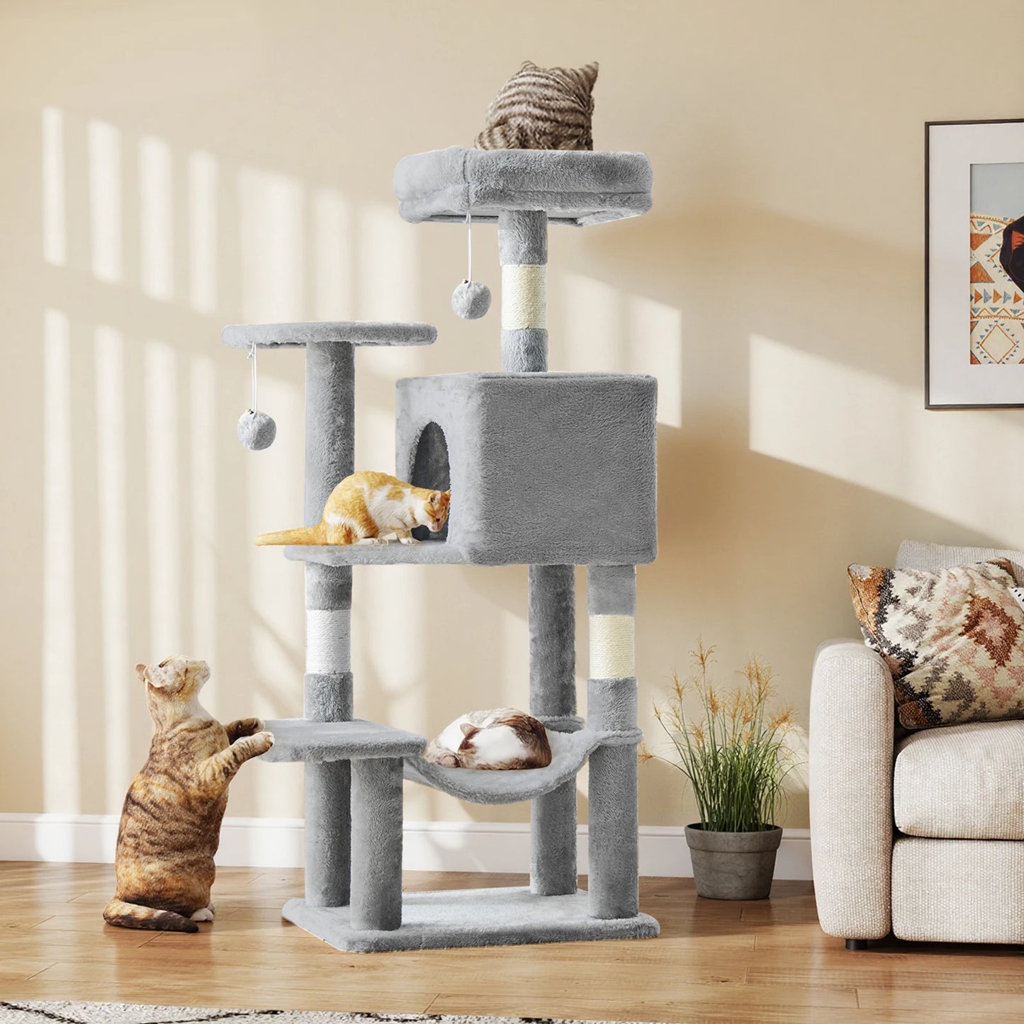 JHK 44In Cat Tree Tall Multi-Cat Climbing Tower Natural Sisal Scratching