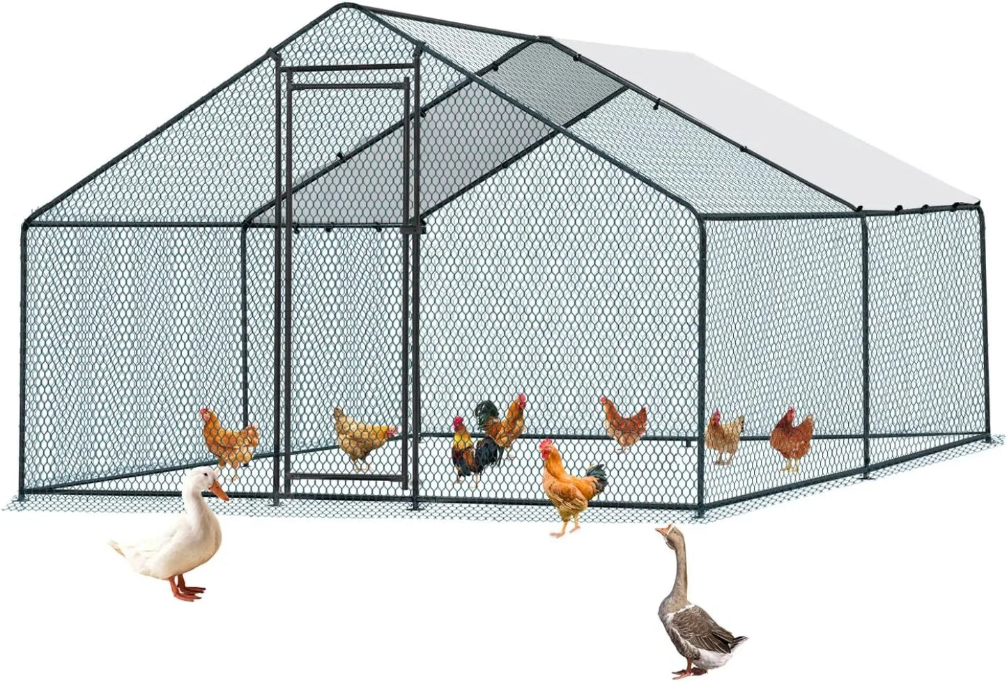 Chicken Coop, 13.1x9.8x6.5 ft Poultry Cage for Chicken Run, Metal Walk-in Chicken Pen with Waterproof & Anti-UV Cover Outdoor