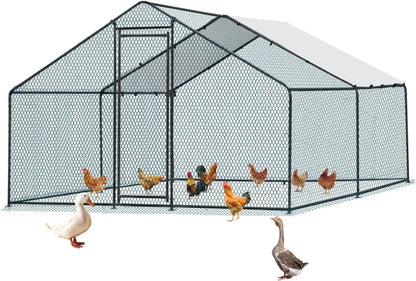 Chicken Coop, 13.1x9.8x6.5 ft Poultry Cage for Chicken Run, Metal Walk-in Chicken Pen with Waterproof & Anti-UV Cover Outdoor